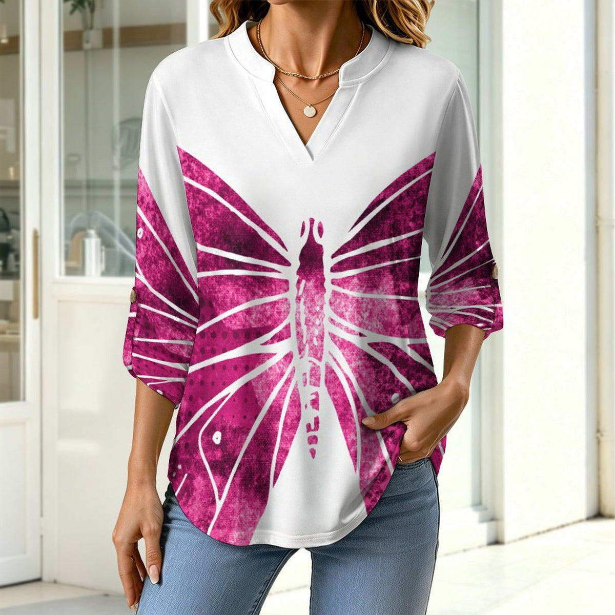 Red, Butterfly Roll Tab 3/4 Sleeve Notched V Neck Tunic Blouse