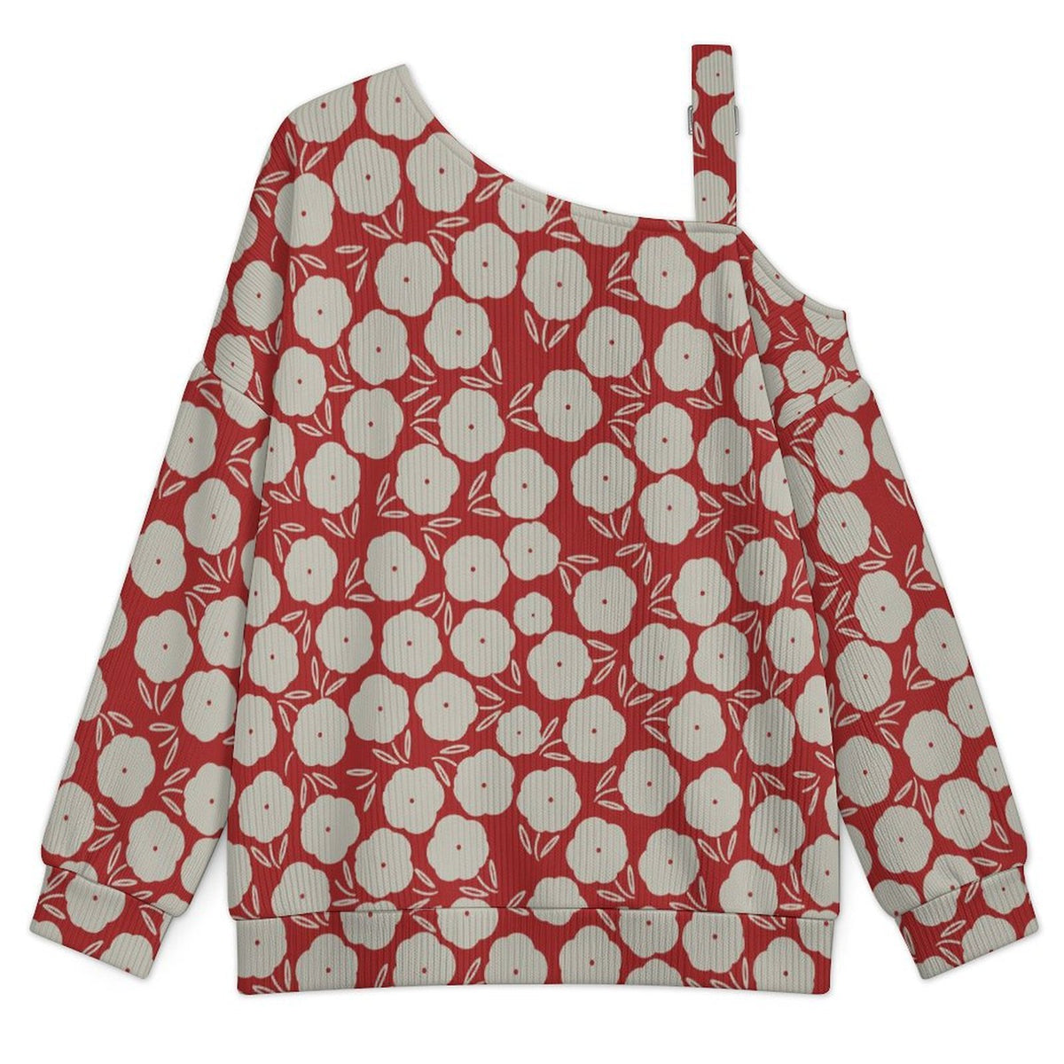 Off-the-shoulder Sweater Flower--white-repeat-red  Asymmetric Cold Shoulder Knit Sweater for Women, Adjustable Buckle Strap Long Sleeve Casual Slouchy Pullover