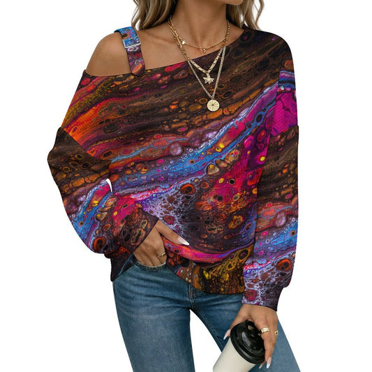 Off-the-shoulder Sweater Colored Black Dot Pattern  Asymmetric Cold Shoulder Knit Sweater for Women, Adjustable Buckle Strap Long Sleeve Casual Slouchy Pullover