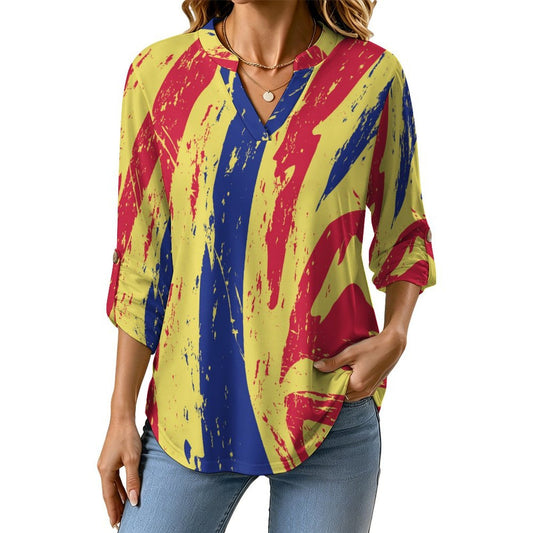 Stand-up Collar Long-sleeved Shirt Stripe Line Pattern  Women’s V-Neck Blouses