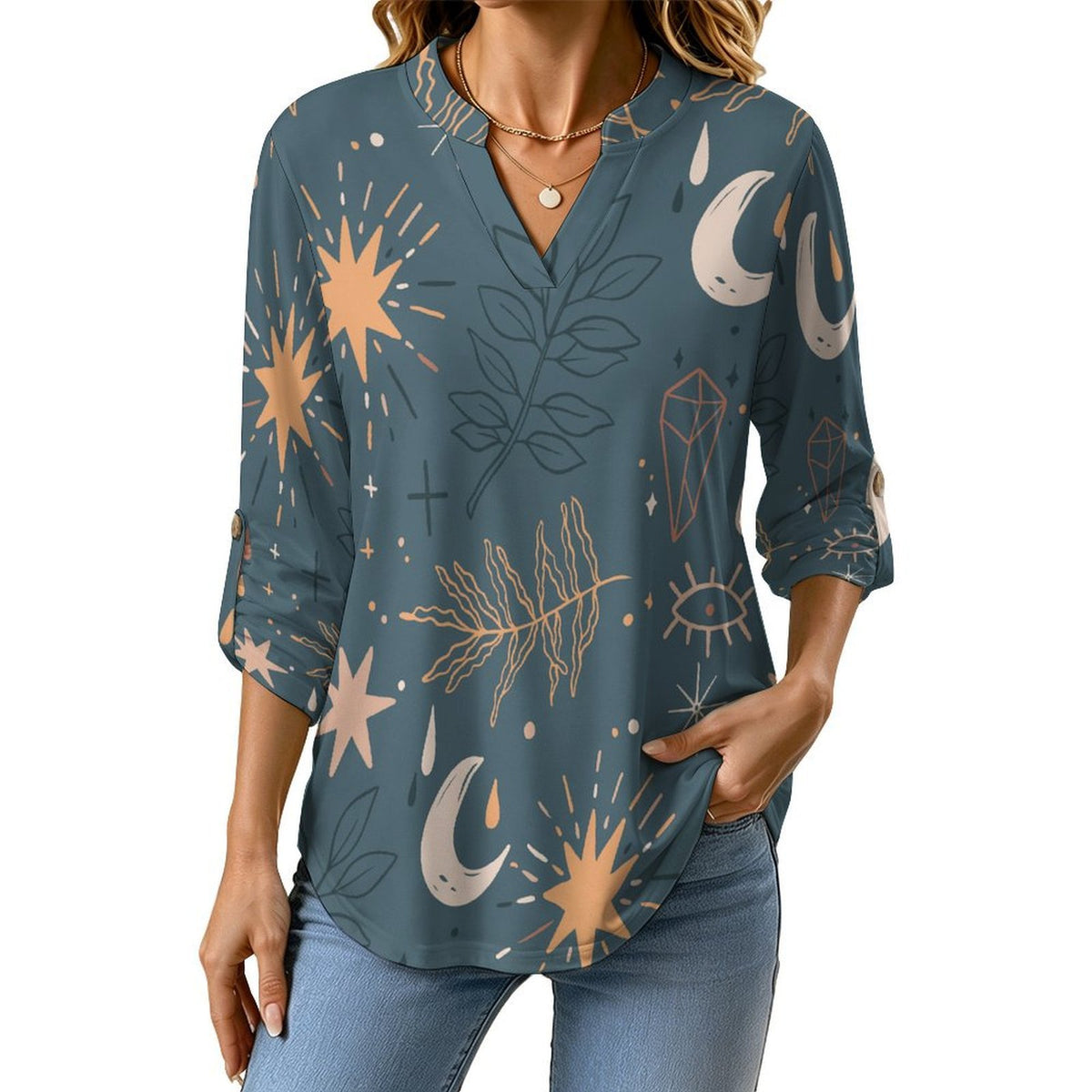 Stand-up Collar Long-sleeved Shirt Dark Green Background, Plant Pattern  Customization Women’s V-Neck Blouses,long Sleeve,Roll-Up Sleeve Shirt