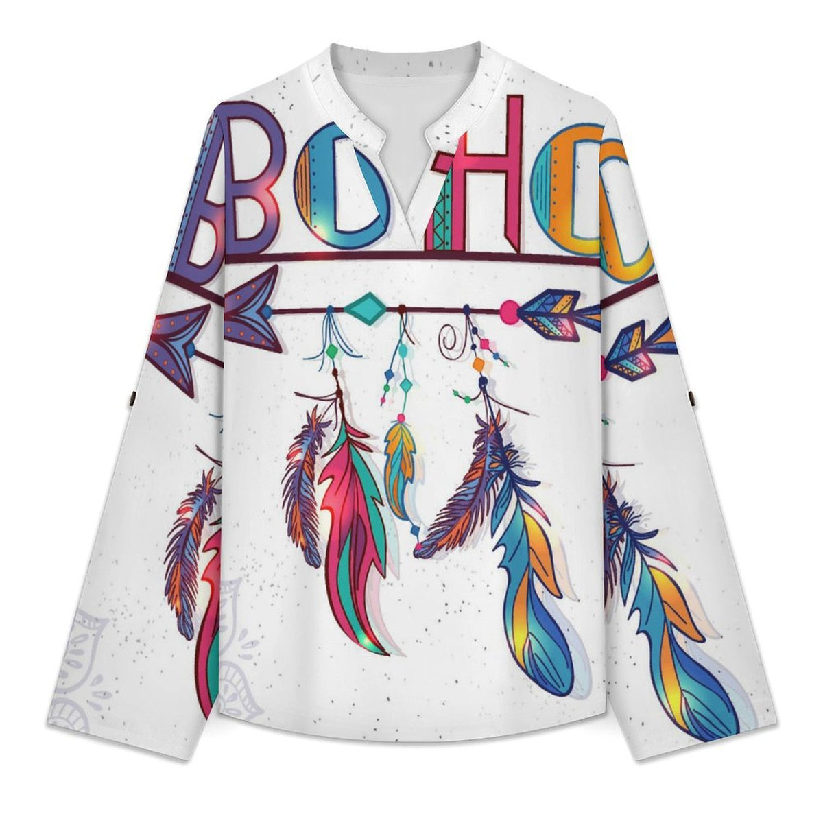 Stand-up Collar Long-sleeved Shirt Boho Style  Customization Women’s V-Neck Blouses,long Sleeve,Roll-Up Sleeve Shirt