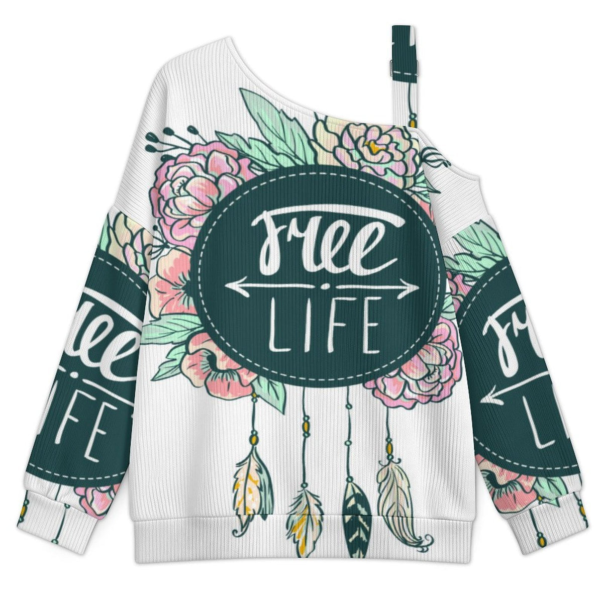 Off-the-shoulder Sweater Free Life  Asymmetric Cold Shoulder Knit Sweater for Women, Adjustable Buckle Strap Long Sleeve Casual Slouchy Pullover