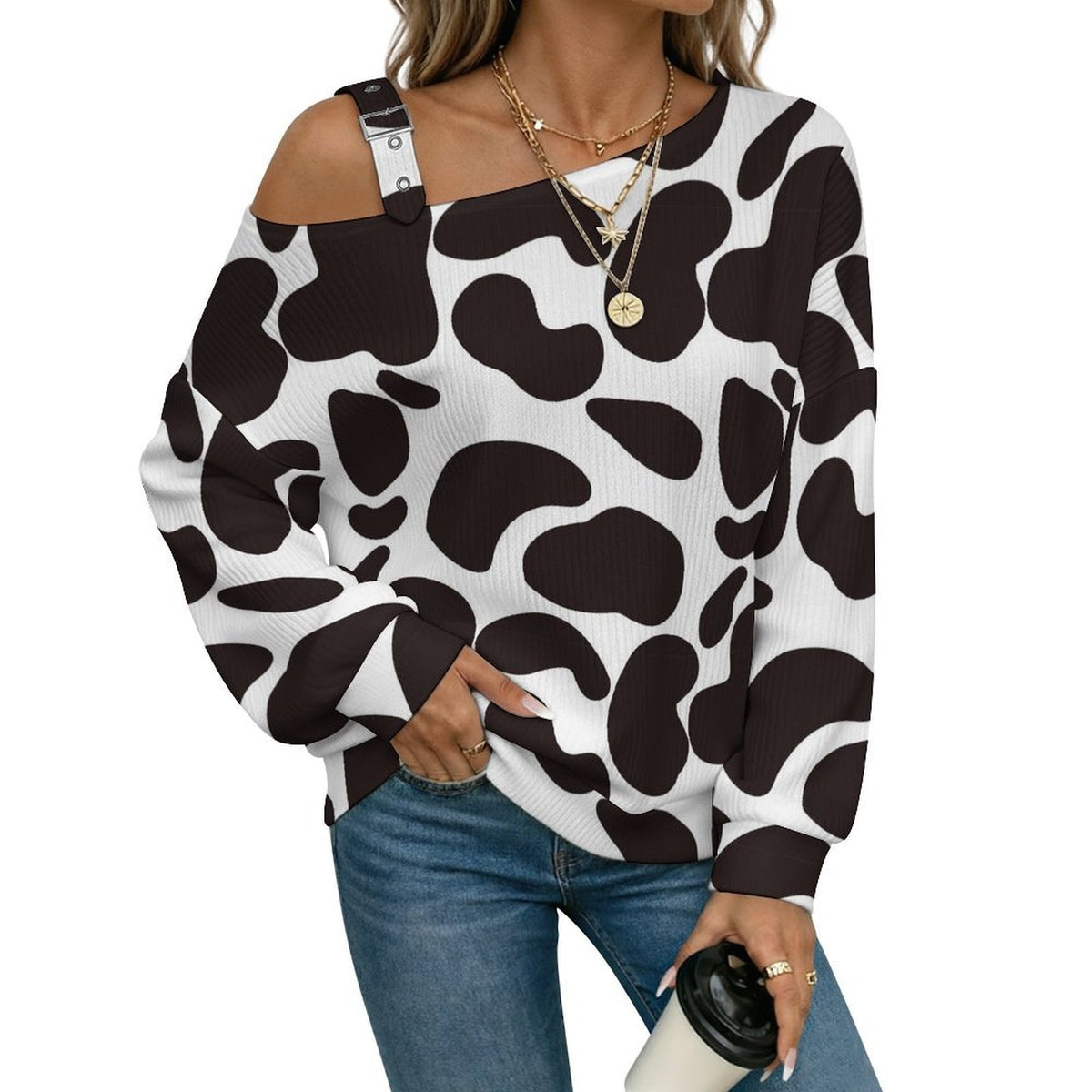 Off-the-shoulder Sweater Pattern-Cow-Black And White-Repeat  Asymmetric Cold Shoulder Knit Sweater for Women, Adjustable Buckle Strap Long Sleeve Casual Slouchy Pullover