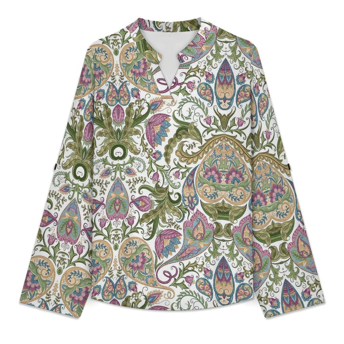 Stand-up Collar Long-sleeved Shirt Paisley  Customization Women’s V-Neck Blouses,long Sleeve,Roll-Up Sleeve Shirt