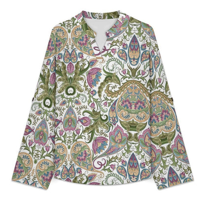 Stand-up Collar Long-sleeved Shirt Paisley  Customization Women’s V-Neck Blouses,long Sleeve,Roll-Up Sleeve Shirt