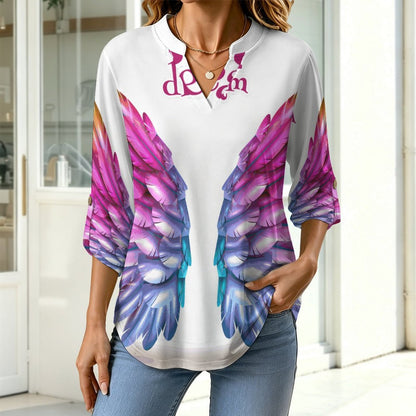 Stand-up Collar Long-sleeved Shirt Fly to Your Dream  Customization Women’s V-Neck Blouses,long Sleeve,Roll-Up Sleeve Shirt