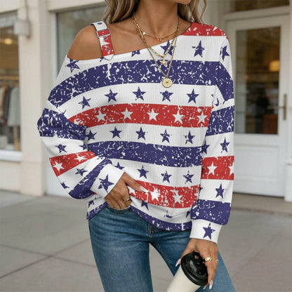 Off-the-shoulder Sweater Stars Stripe  Asymmetric Cold Shoulder Knit Sweater for Women, Adjustable Buckle Strap Long Sleeve Casual Slouchy Pullover