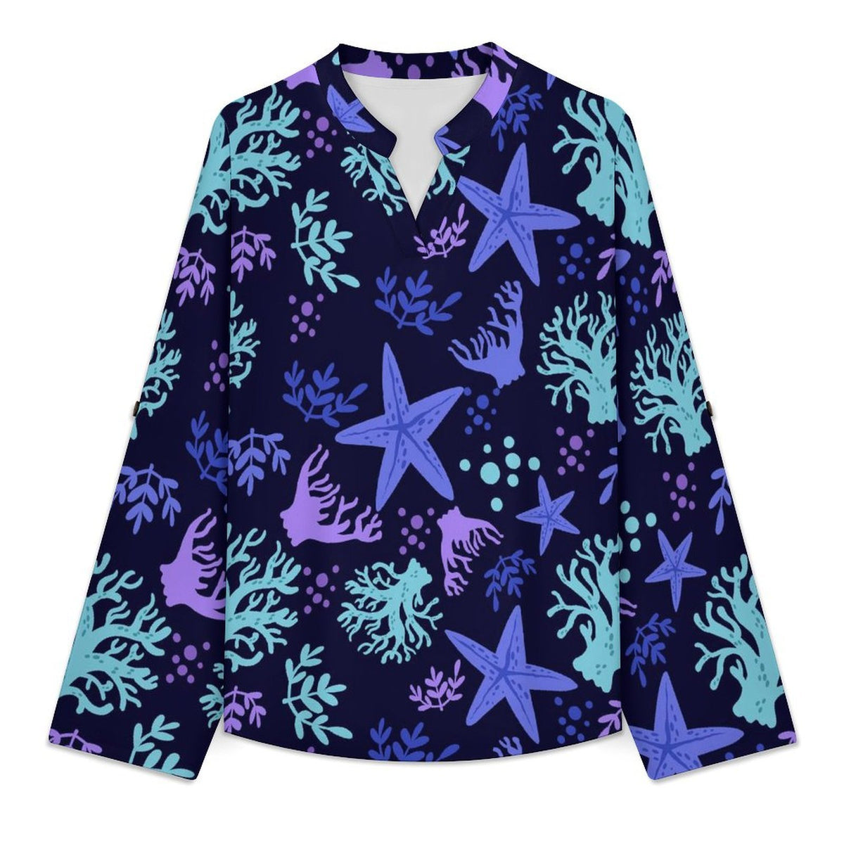 Stand-up Collar Long-sleeved Shirt Ocean Pattern  Customization Women’s V-Neck Blouses,long Sleeve,Roll-Up Sleeve Shirt