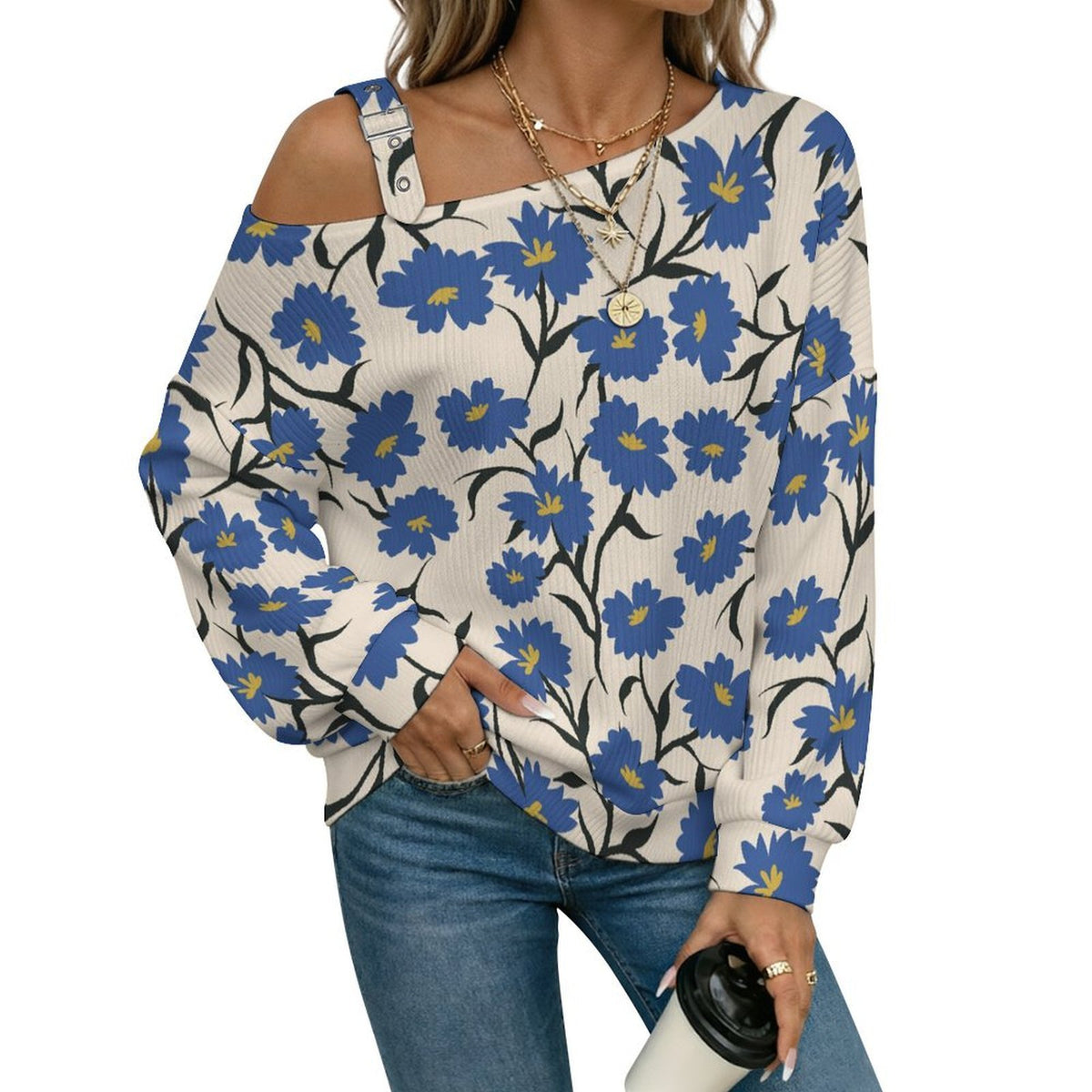 Off-the-shoulder Sweater Blue Flower  Asymmetric Cold Shoulder Knit Sweater for Women, Adjustable Buckle Strap Long Sleeve Casual Slouchy Pullover