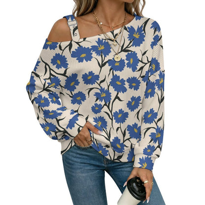 Off-the-shoulder Sweater Blue Flower  Asymmetric Cold Shoulder Knit Sweater for Women, Adjustable Buckle Strap Long Sleeve Casual Slouchy Pullover