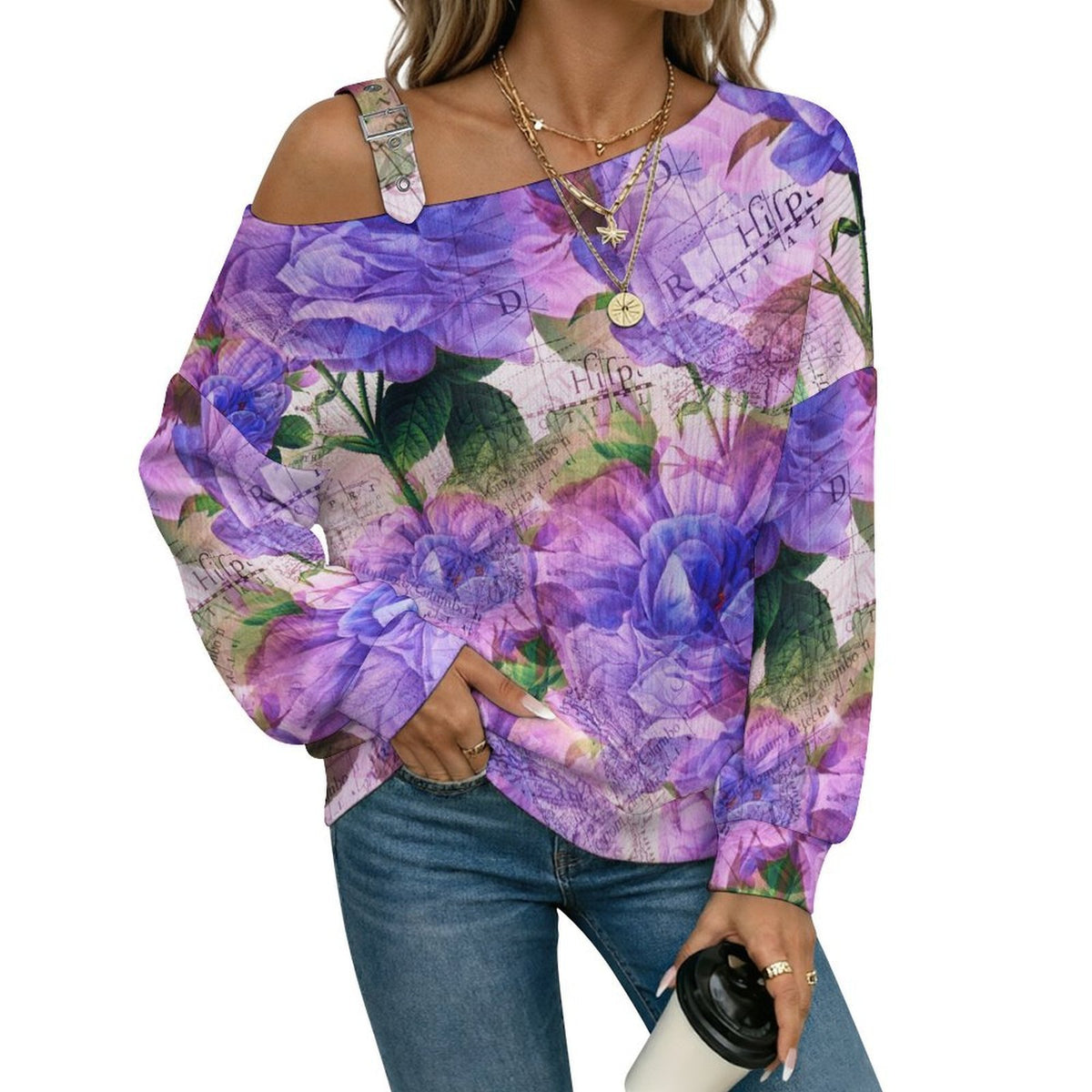 Fall Casual Asymmetric Shoulder Knit Top with Buckle Detail Vintage, Purple Flowers