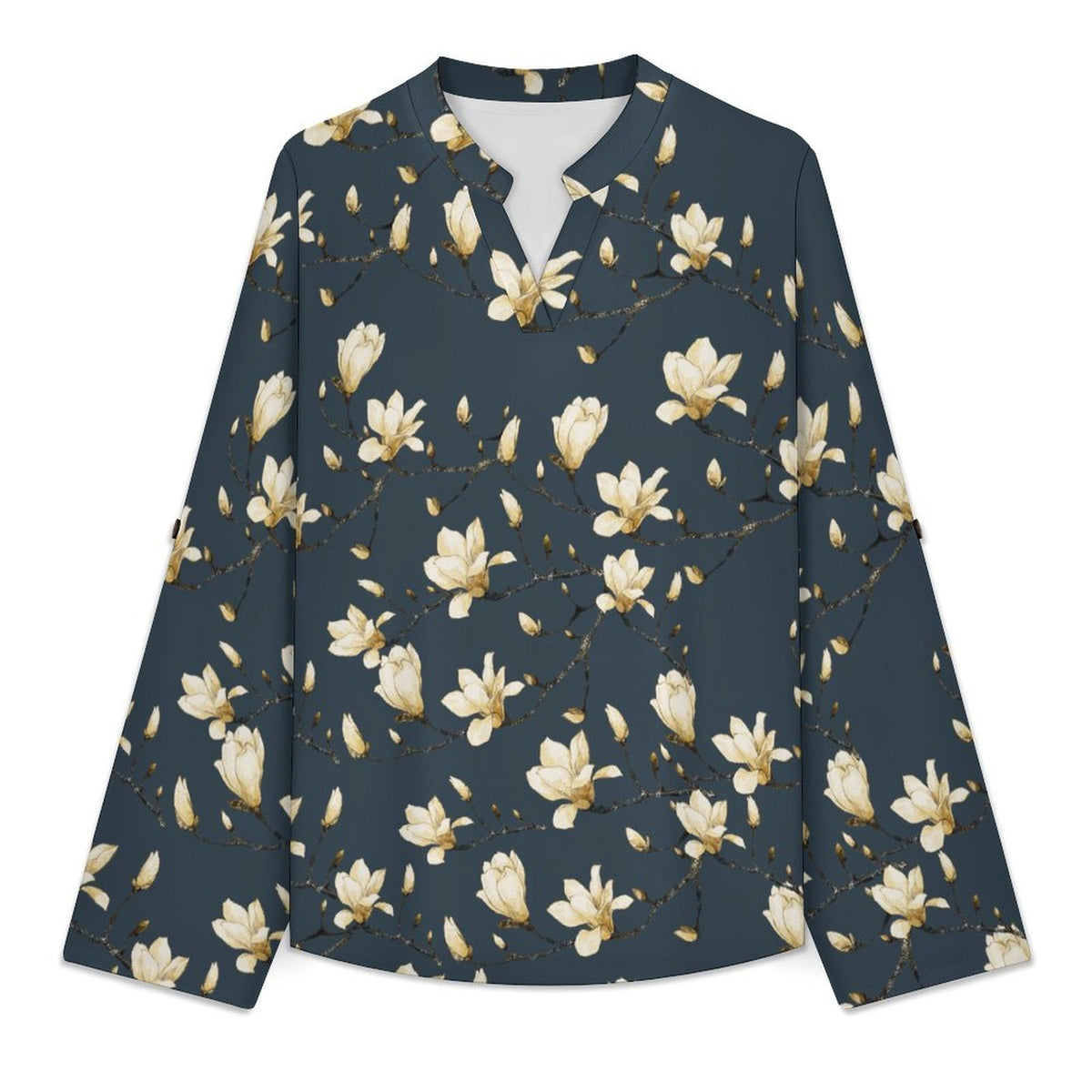 Versatile Notched V-Neck Tunic | Roll Tab 3/4 Sleeve Office Casual Top  Flowers, Women's Clothing, Repeating Patterns