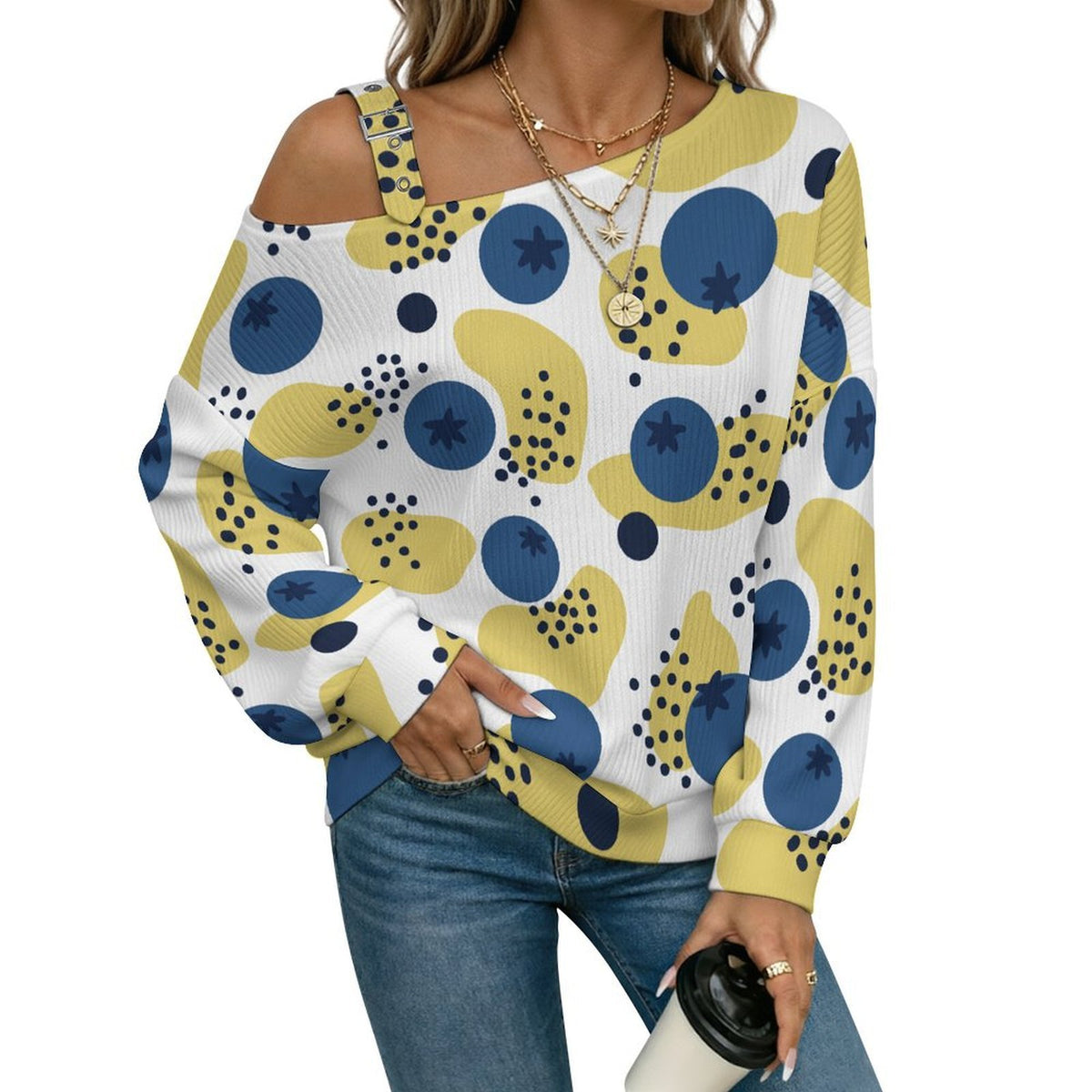 Off-the-shoulder Sweater Blueberry-spot-repeat  Asymmetric Cold Shoulder Knit Sweater for Women, Adjustable Buckle Strap Long Sleeve Casual Slouchy Pullover
