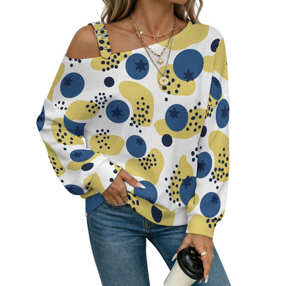 Off-the-shoulder Sweater Blueberry-spot-repeat  Asymmetric Cold Shoulder Knit Sweater for Women, Adjustable Buckle Strap Long Sleeve Casual Slouchy Pullover