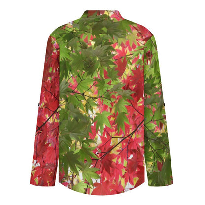 Stand-up Collar Long-sleeved Shirt Red And Green  Leaves  Customization Women’s V-Neck Blouses,long Sleeve,Roll-Up Sleeve Shirt