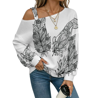 Feathers Fall Casual Asymmetric Shoulder Knit Top with Buckle Detail