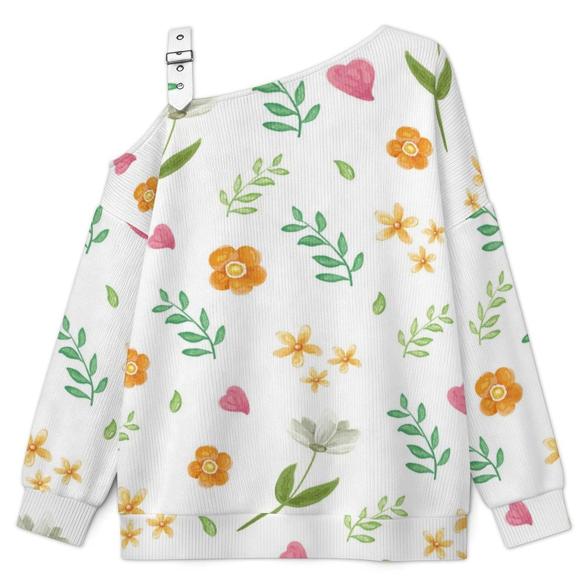 Off-the-shoulder Sweater Floral Pattern  Asymmetric Cold Shoulder Knit Sweater for Women, Adjustable Buckle Strap Long Sleeve Casual Slouchy Pullover