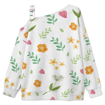Off-the-shoulder Sweater Floral Pattern  Asymmetric Cold Shoulder Knit Sweater for Women, Adjustable Buckle Strap Long Sleeve Casual Slouchy Pullover