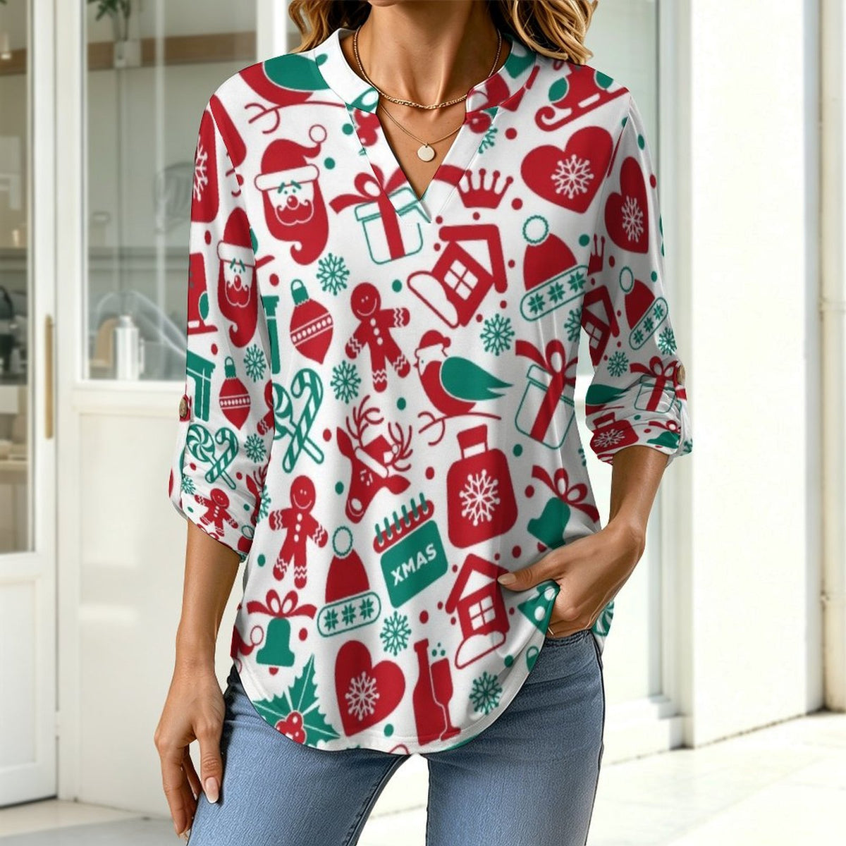 Stand-up Collar Long-sleeved Shirt Christmas Pattern  Customization Women’s V-Neck Blouses,long Sleeve,Roll-Up Sleeve Shirt