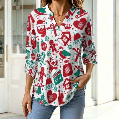 Stand-up Collar Long-sleeved Shirt Christmas Pattern  Customization Women’s V-Neck Blouses,long Sleeve,Roll-Up Sleeve Shirt