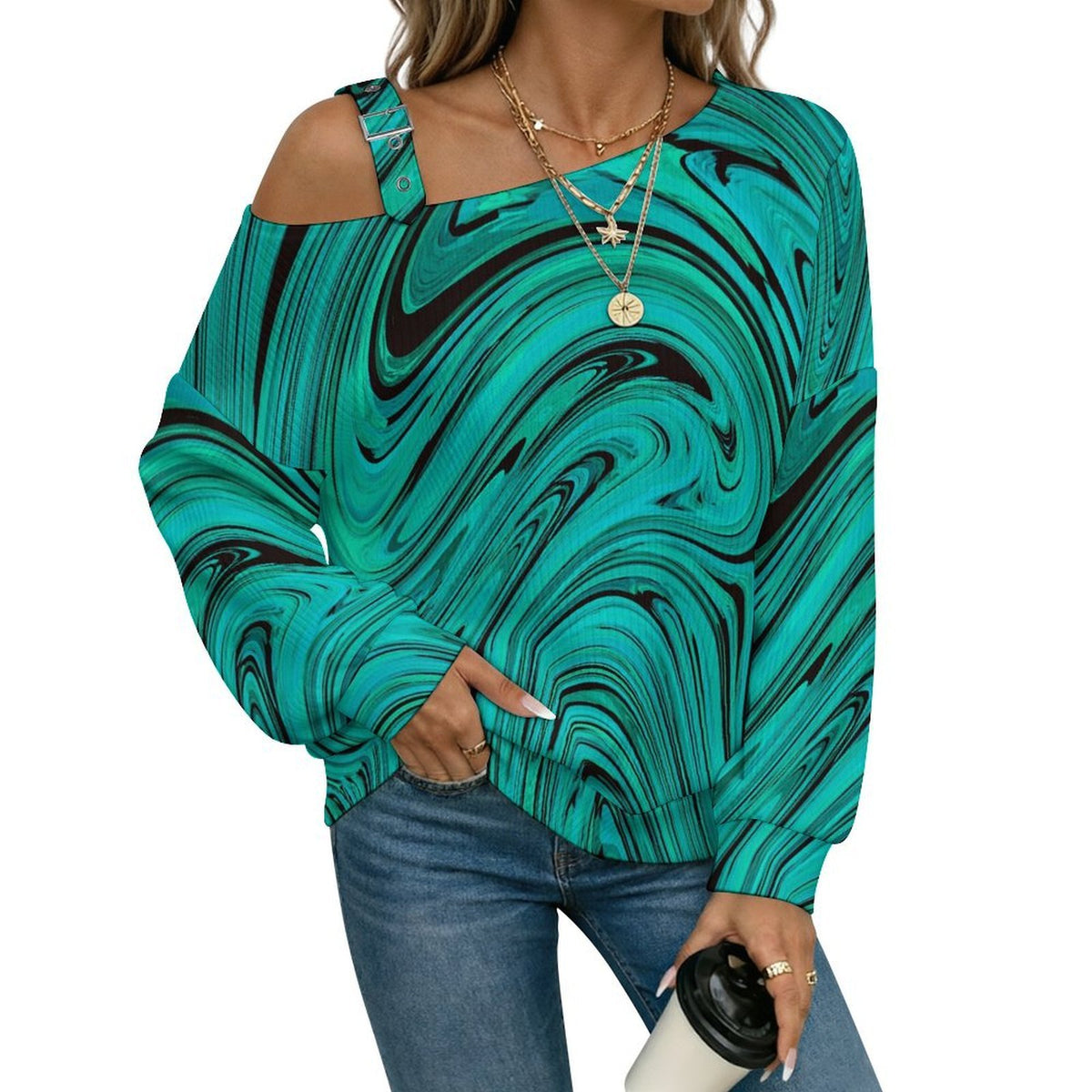 Off-the-shoulder Sweater Green Vortex, Pattern Design  Asymmetric Cold Shoulder Knit Sweater for Women, Adjustable Buckle Strap Long Sleeve Casual Slouchy Pullover