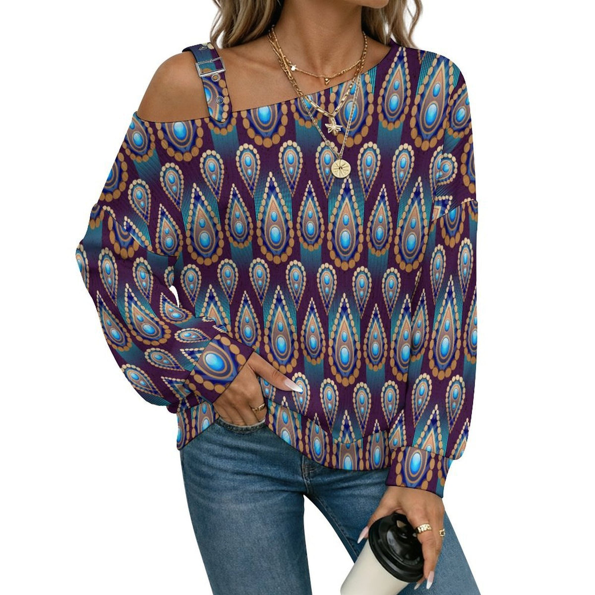 Fall Casual Asymmetric Shoulder Knit Top with Buckle Detail Retro Water Drop Pattern