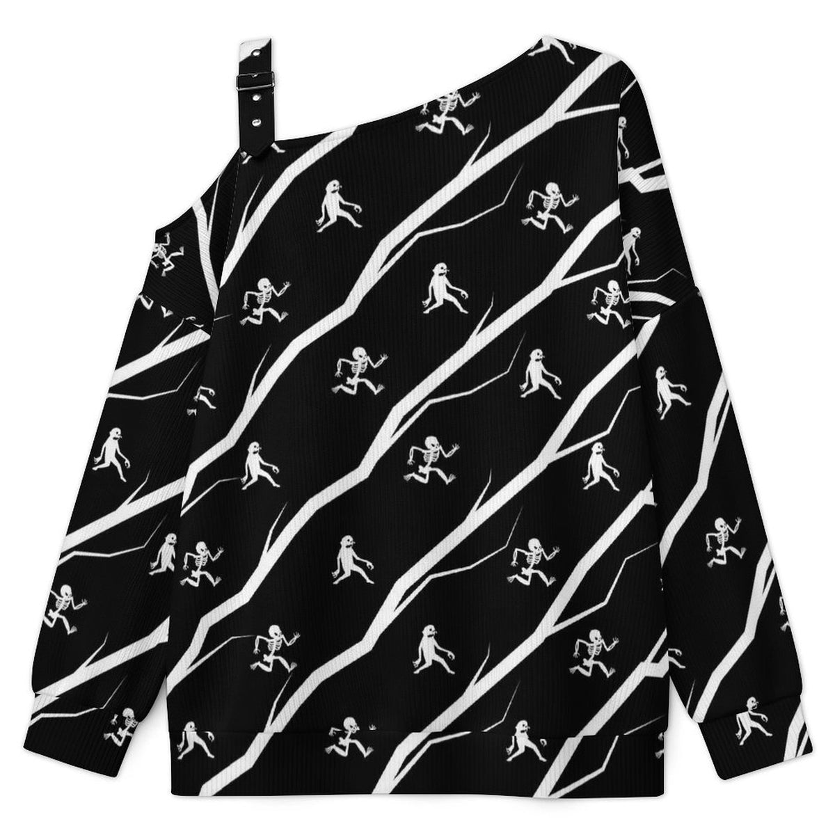 Off-the-shoulder Sweater Running Skeleton,Halloween  Asymmetric Cold Shoulder Knit Sweater for Women, Adjustable Buckle Strap Long Sleeve Casual Slouchy Pullover
