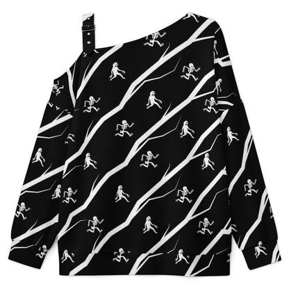 Off-the-shoulder Sweater Running Skeleton,Halloween  Asymmetric Cold Shoulder Knit Sweater for Women, Adjustable Buckle Strap Long Sleeve Casual Slouchy Pullover