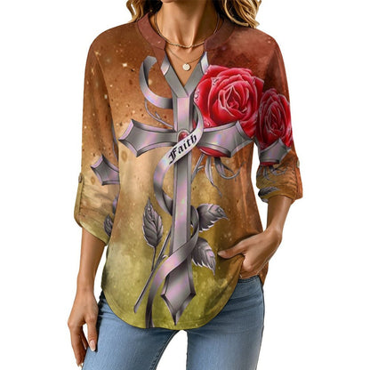 Stand-up Collar Long-sleeved Shirt Cross Rose Faith  Customization Women’s V-Neck Blouses,long Sleeve,Roll-Up Sleeve Shirt