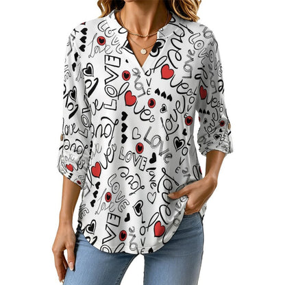 Love Women's Notched V Neck Tunic Tops, Roll Up 3/4 Sleeve Button Cuff Casual Blouse, Hem Loose Work Shirts