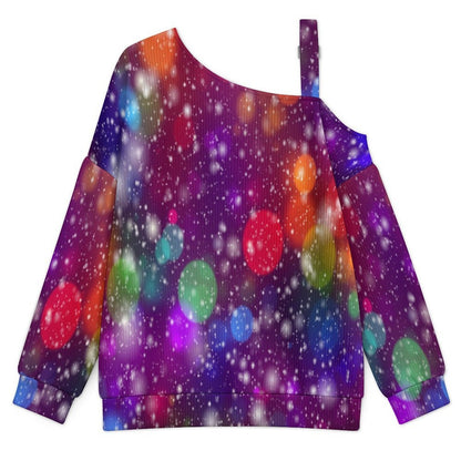 Off-the-shoulder Sweater Colorful Circle  Asymmetric Cold Shoulder Knit Sweater for Women, Adjustable Buckle Strap Long Sleeve Casual Slouchy Pullover