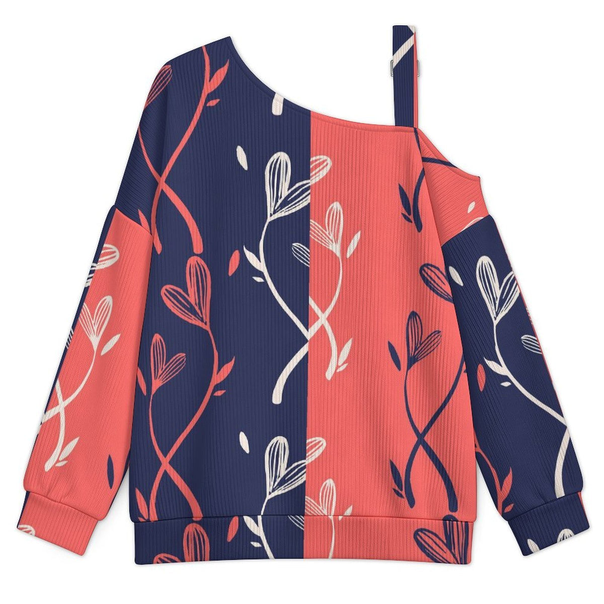 Off-the-shoulder Sweater Contrast, Pattern Design,flower  Asymmetric Cold Shoulder Knit Sweater for Women, Adjustable Buckle Strap Long Sleeve Casual Slouchy Pullover