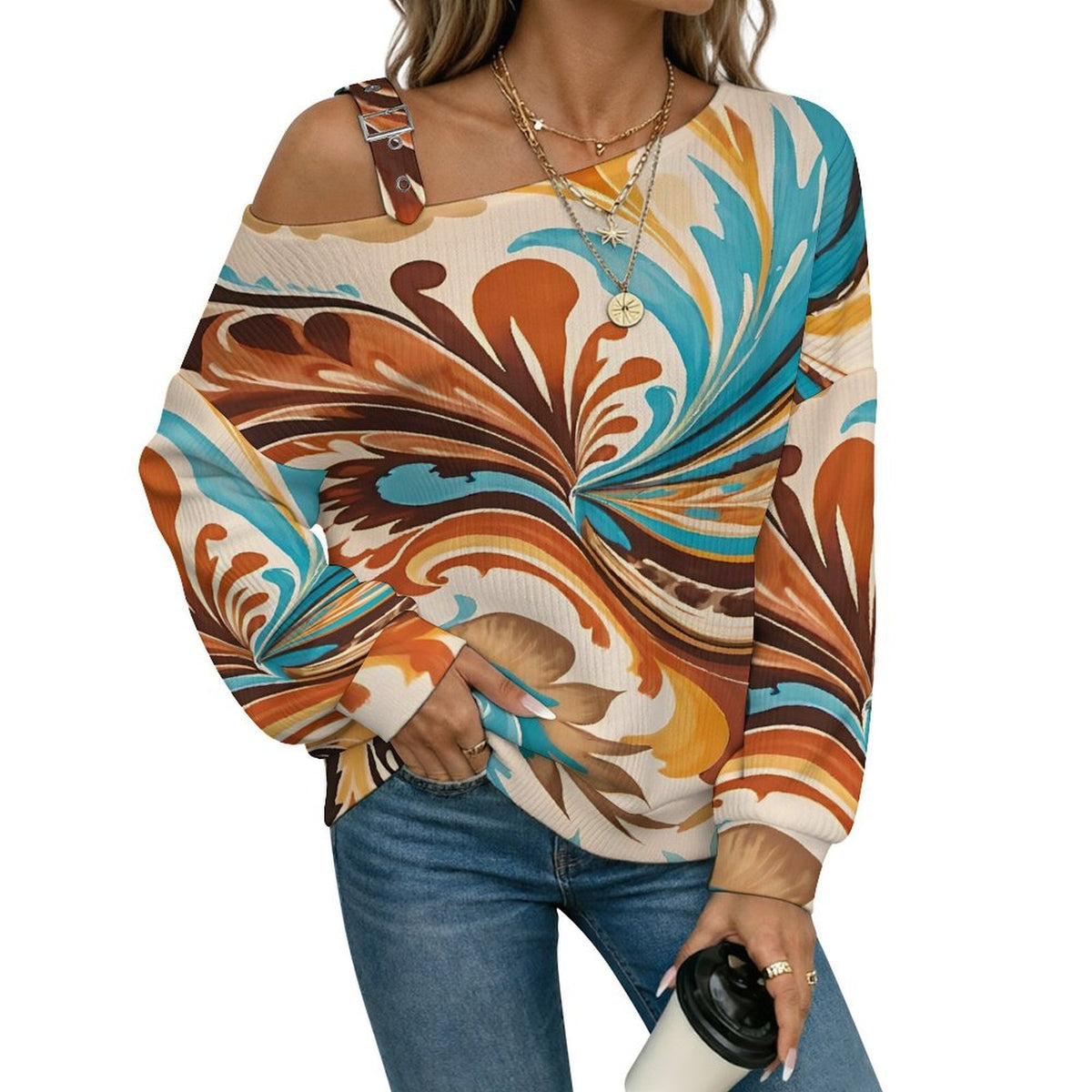 Fall Casual Asymmetric Shoulder Knit Top with Buckle Detail Tie Dye Stripes