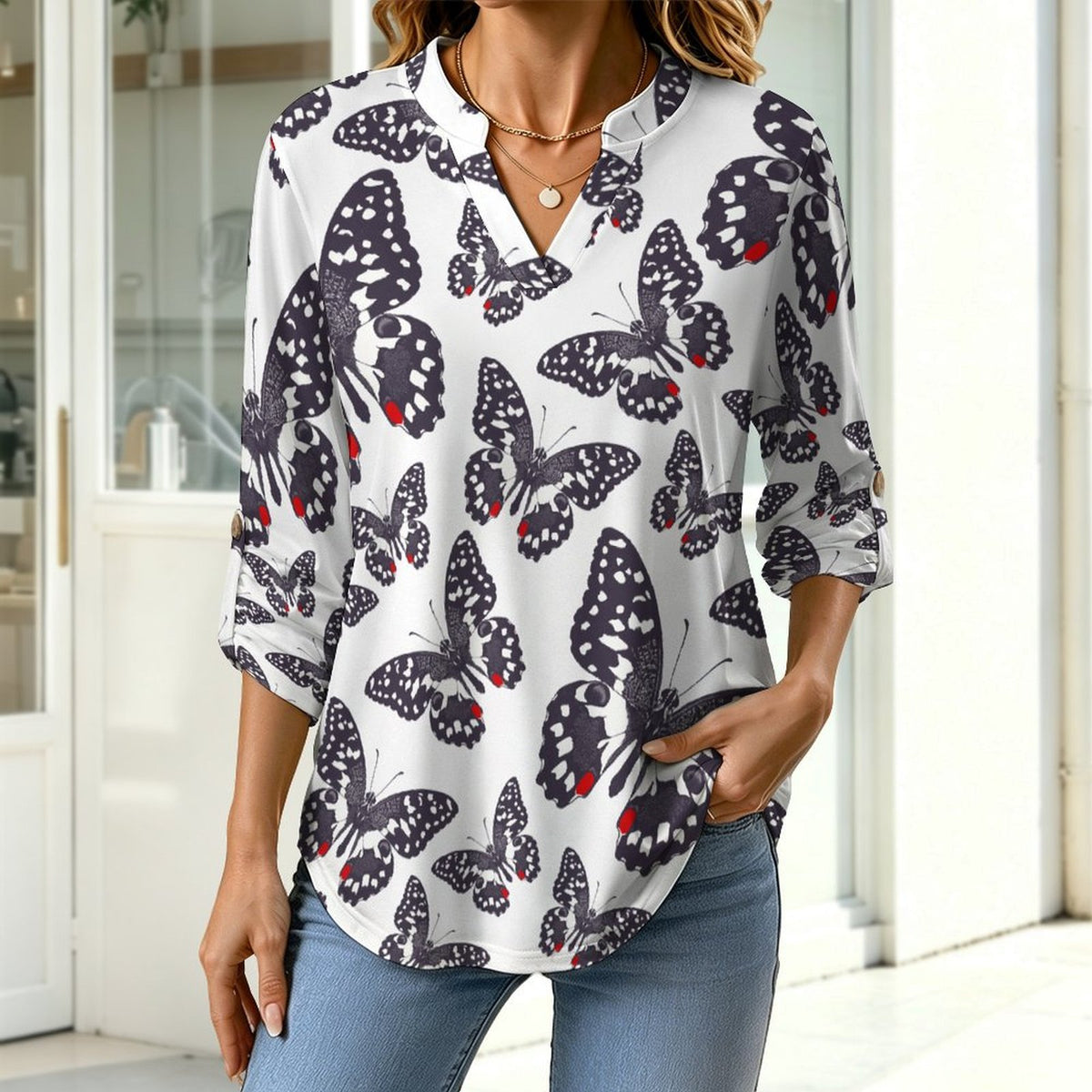 Women's Notched V Neck Tunic Tops, Roll Up 3/4 Sleeve Button Cuff Casual Blouse, Hem Loose Work Shirts  Butterfly, Repeating Pattern