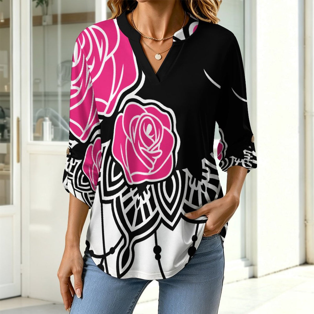 Stand-up Collar Long-sleeved Shirt Rose And Black Cat  Customization Women’s V-Neck Blouses,long Sleeve,Roll-Up Sleeve Shirt