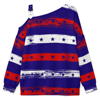 Off-the-shoulder Sweater Stars Stripe  Asymmetric Cold Shoulder Knit Sweater for Women, Adjustable Buckle Strap Long Sleeve Casual Slouchy Pullover