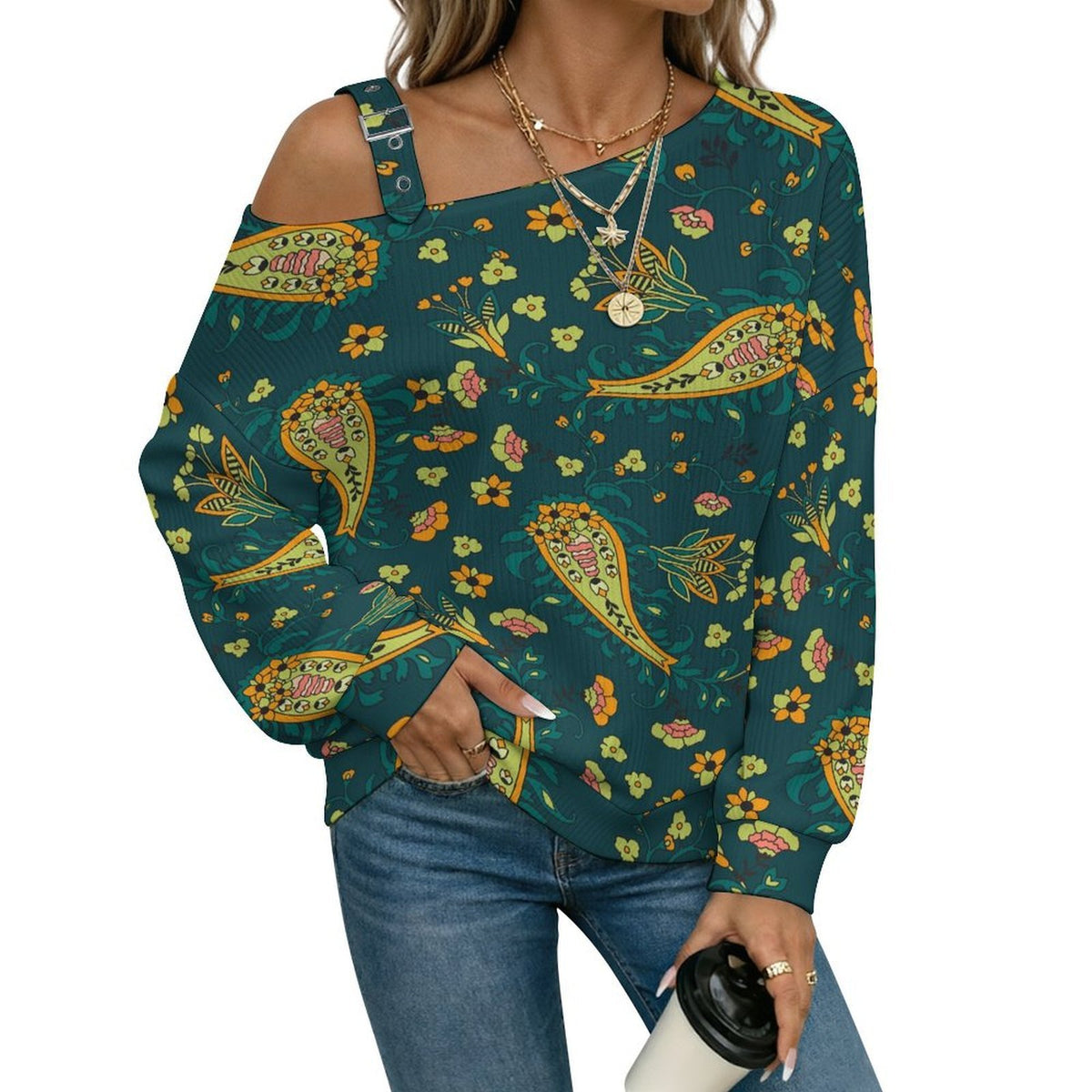 Off-the-shoulder Sweater European Retro Pattern  Asymmetric Cold Shoulder Knit Sweater for Women, Adjustable Buckle Strap Long Sleeve Casual Slouchy Pullover