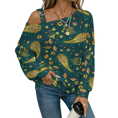 Off-the-shoulder Sweater European Retro Pattern  Asymmetric Cold Shoulder Knit Sweater for Women, Adjustable Buckle Strap Long Sleeve Casual Slouchy Pullover