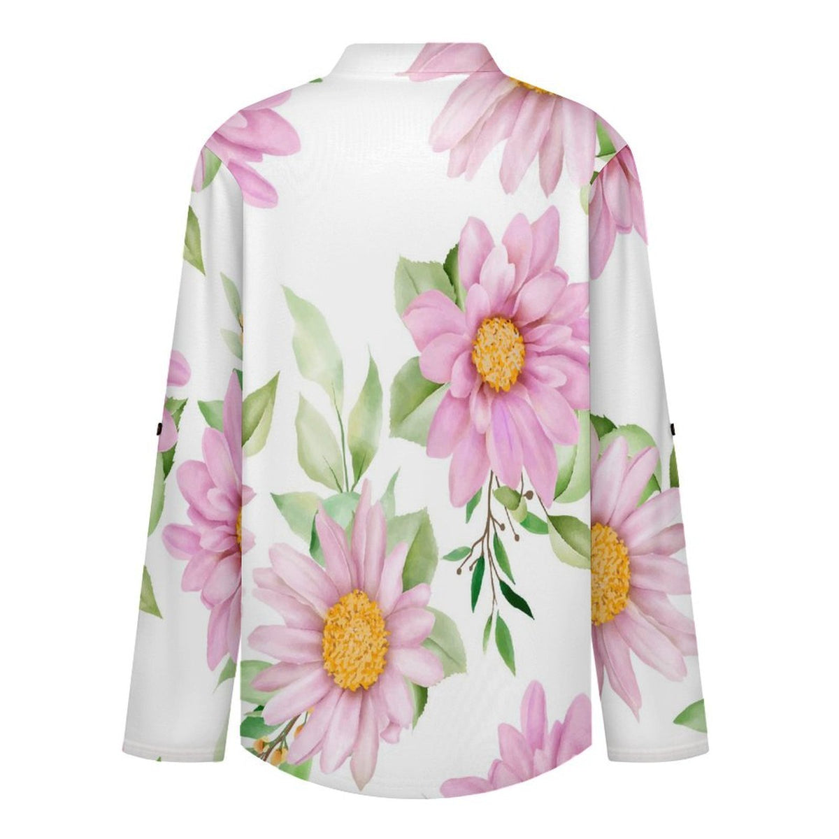 Stand-up Collar Long-sleeved Shirt Pink Flowers, Background  Customization Women’s V-Neck Blouses,long Sleeve,Roll-Up Sleeve Shirt