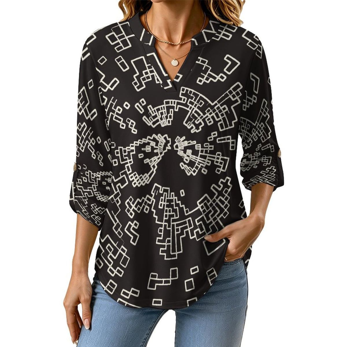 Pattern Dress Girl Phone Cover Roll Tab 3/4 Sleeve Notched V Neck Tunic Blouse