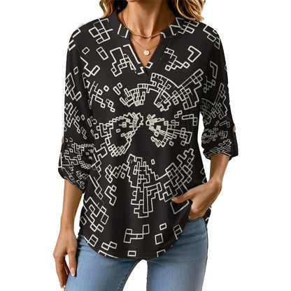 Pattern Dress Girl Phone Cover Roll Tab 3/4 Sleeve Notched V Neck Tunic Blouse