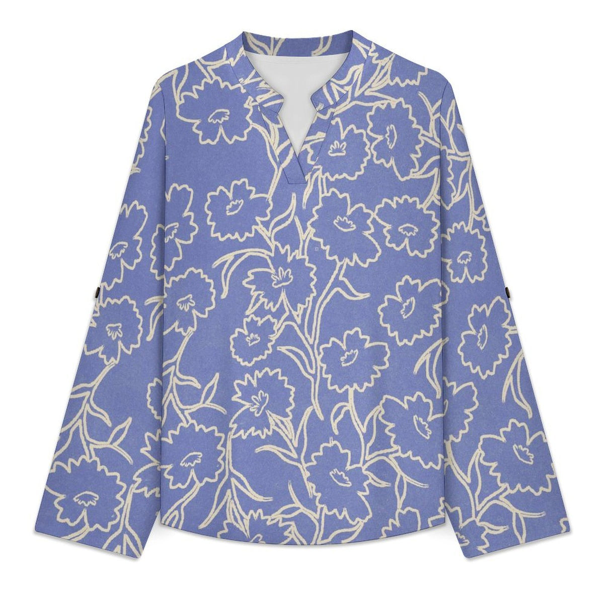 Stand-up Collar Long-sleeved Shirt Repeat Flower Blue  Customization Women’s V-Neck Blouses,long Sleeve,Roll-Up Sleeve Shirt