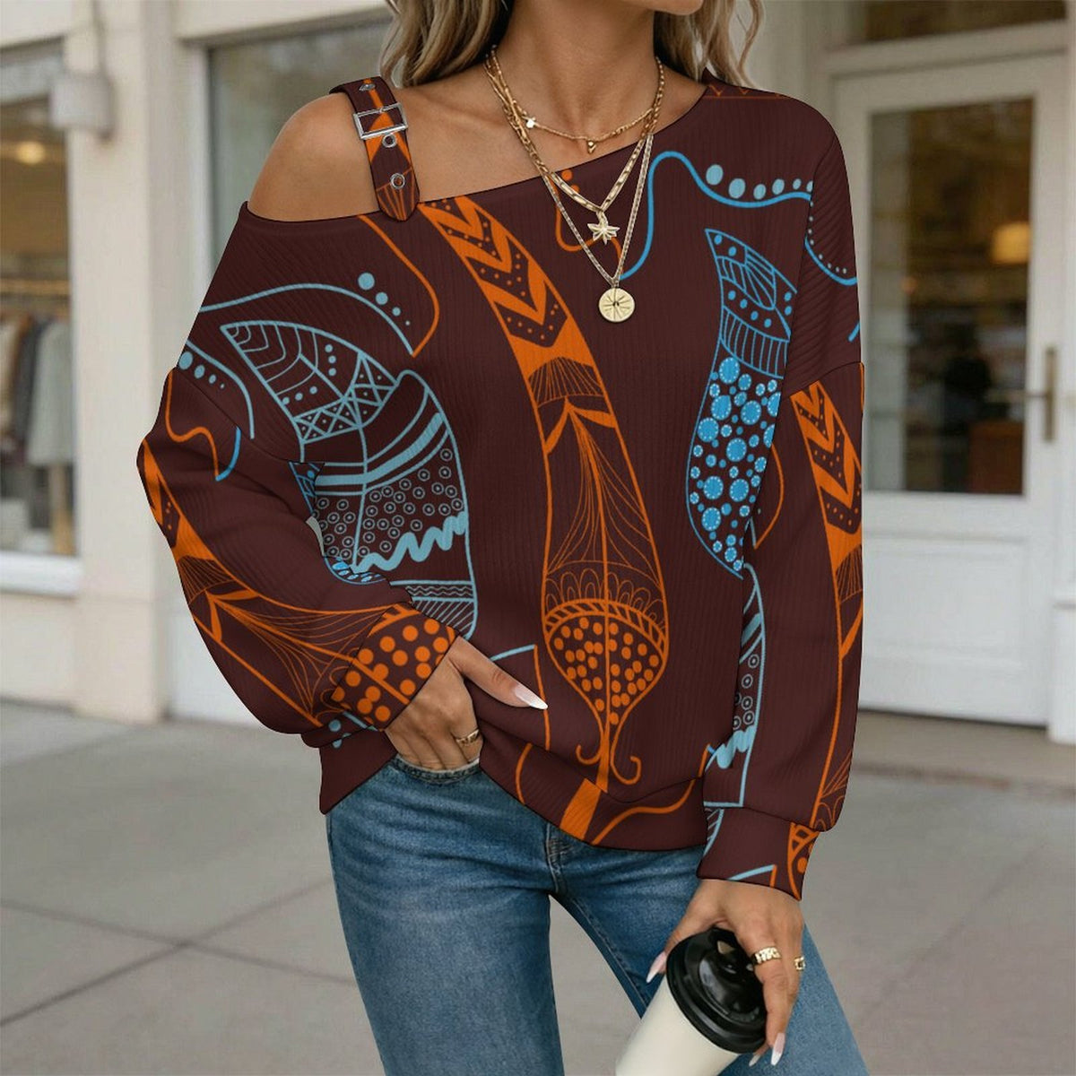 Off-the-shoulder Sweater Wing  Asymmetric Cold Shoulder Knit Sweater for Women, Adjustable Buckle Strap Long Sleeve Casual Slouchy Pullover