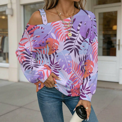 Off-the-shoulder Sweater Tile Pattern-Leaf-Purple-Pink-orange  Asymmetric Cold Shoulder Knit Sweater for Women, Adjustable Buckle Strap Long Sleeve Casual Slouchy Pullover