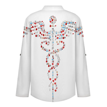 Stand-up Collar Long-sleeved Shirt Graphic Scepter  Customization Women’s V-Neck Blouses,long Sleeve,Roll-Up Sleeve Shirt