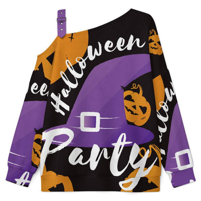 Off-the-shoulder Sweater Pumpkin, Halloween, Wizard Hat  Asymmetric Cold Shoulder Knit Sweater for Women, Adjustable Buckle Strap Long Sleeve Casual Slouchy Pullover