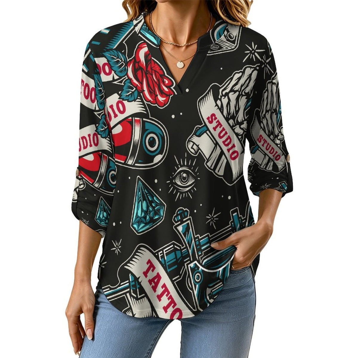 Stand-up Collar Long-sleeved Shirt Retro Pattern, Skeleton, Rose  Customization Women’s V-Neck Blouses,long Sleeve,Roll-Up Sleeve Shirt