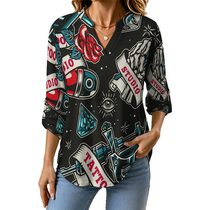 Stand-up Collar Long-sleeved Shirt Retro Pattern, Skeleton, Rose  Customization Women’s V-Neck Blouses,long Sleeve,Roll-Up Sleeve Shirt