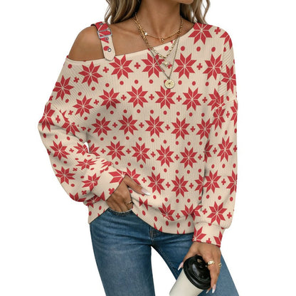 Off-the-shoulder Sweater Christmas - Repeat - Pattern - Red - Light Yellow - Christmas Pattern  Asymmetric Cold Shoulder Knit Sweater for Women, Adjustable Buckle Strap Long Sleeve Casual Slouchy Pull